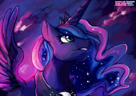 A dark blue horse, winged in front of a twilight sky quickly turning to night