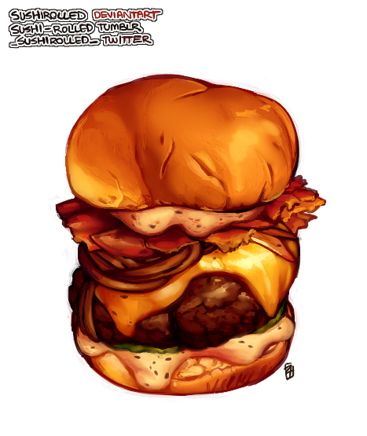 A burger with bacon, cheese, pickles, caramelized onions and a bIG OL PATTY smacked between two golden buns