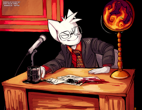 A white cat resting his hands on a bloodied desk with a cup of liquid corpse and scribbled, chaotic flashcards. AND a globe of Hell how could I forget