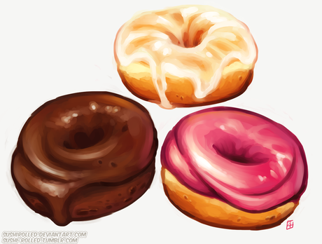 Three donuts, chocolate with fudge icing, a yeast glazed donut, and another donut with dyed-pink icing