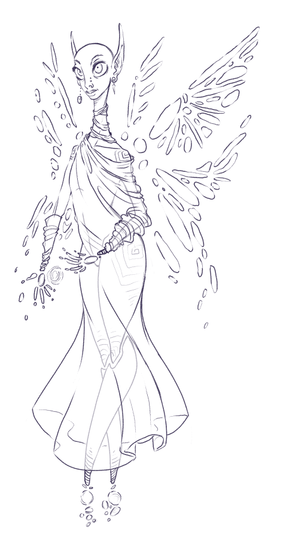 a tall fairy with wings made of little ovals, dressed in sheer clothing, their neck real long. They're sort of doll-like