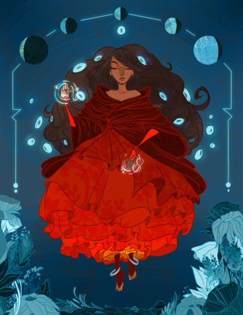 a woman in red robes floating on a blue background, flowers around her feet and moon phases around her head
