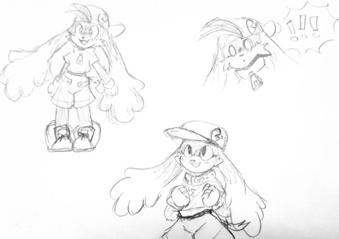 three pencil sketches of Klonoa, a Namco character