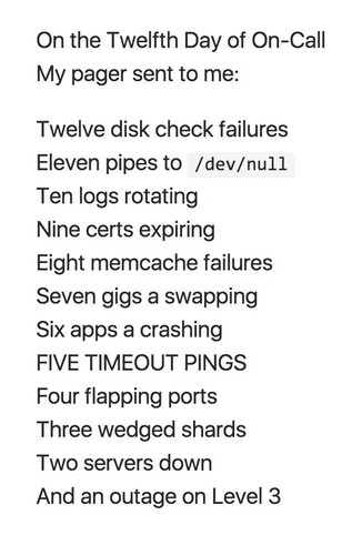 On the Twelfth Day of On-Call
My pager sent to me:

Twelve disk check failures
Eleven pipes to /dev/null
Ten logs rotating
Nine certs expiring
Eight memcache failures
Seven gigs a swapping
Six apps a crashing
FIVE TIMEOUT PINGS
Four flapping ports
Three wedged shards
Two servers down
And an outage on Level 3