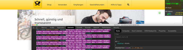 Screenshot of Deutsche Post Snowflake animation with animated position values and slight frame drops