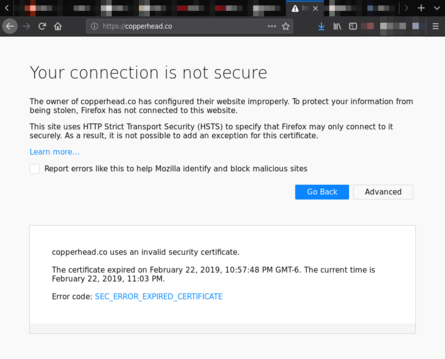 Picture of expired SSL certificate warning for https://copperhead.co/