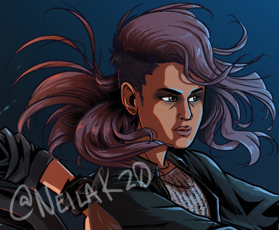 Digital illustration of the character Kali from the Netflix series Stranger Things. She has long flowing hair that is whipping around and defying gravity and a side shave, brown skin, a tattoo on her ear lobe, a determined look on her face, a worn gray sweater under two dark black jackets. Text over image reads "@NeilaK20"