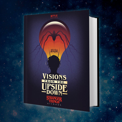 Digital rendering of a book. The cover is a lightbulb that has the shadow of the MindFlayer monster over it. The bottom of the lightbulb is made of the shadow of a child's head. Text on cover reads "Netflix Presents Visions From The Upside Down Stranger Things Artbook"