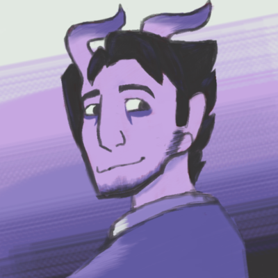 male tiefling looking over his shoulder & smiling. In a purple color palette. 