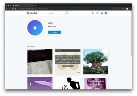 Pixelfed hashtag page with a follow button