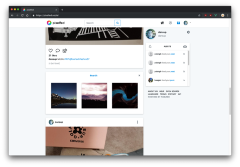 Pixelfed timeline with 3 posts from a hashtag you follow