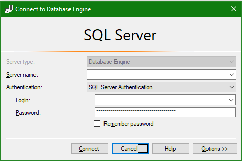 The log-in dialog to connect to SQL Server, with its cancel button focused, because I mistyped my password.