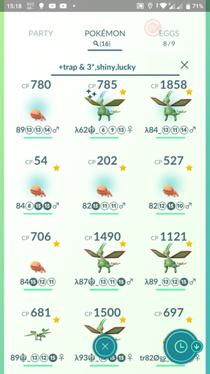Pokémon GO! screenshot:
A list of 3* and Shiny Pokémon in the Trapinch family (Trapinch, Vibrava, Flygon).