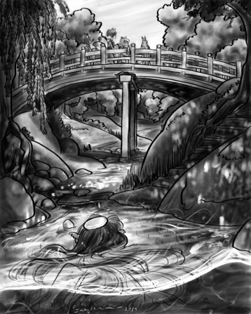 The grey fox youkai says hello to the kappa living in the creek while the red fox youkai walk by on the bridge.