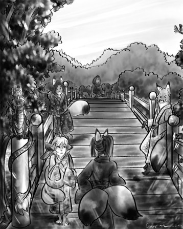 A grey fox youkai crosses the bridge but is nervous as they are surrounded by red fox youkai. A barn owl youkai crosses further back.