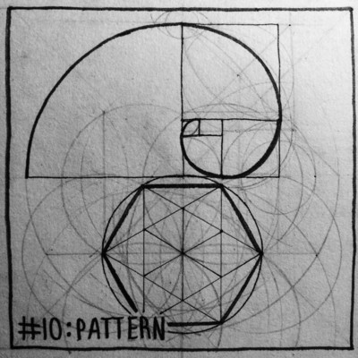 Day 10: Pattern. A series of geometric experiments in ink, construction marks have been intentionally left on drawing. The top half is dedicated to a spiral drawn using the golden ratio, the bottom half is a hexagonal pattern drawn using a compass.