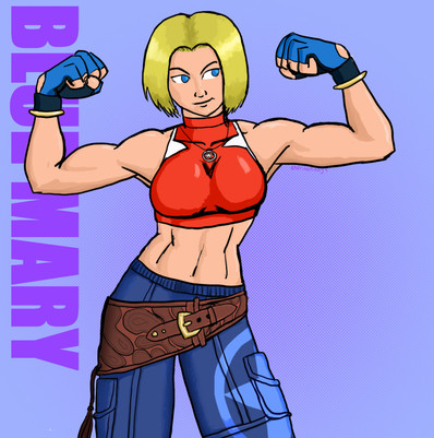 Blue Mary in her King of fighters 14 appearance, red top with white lines, blue pants with a light star shaped mark, brown belt, flexing