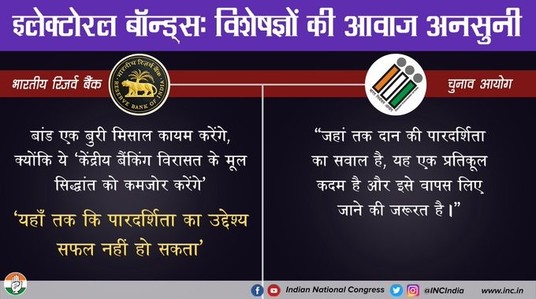 इलेक्टोरल बॉण्ड लाने में विशेषज्ञ संस्थाओं को नजरअंदाज करना इस सरकार को संदेह के घेरे में खड़ा करता है। अगर इलेक्टोरल बॉण्ड से मिले चंदे के आंकड़े देखे जाएं, तो यह संदेह और पुख़्ता हो जाता है।

#KhaayaBhiKhilaayaBhi 