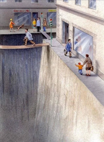 A scene in a city with all space we gave up to cars depicted as deep abyss-like holes.