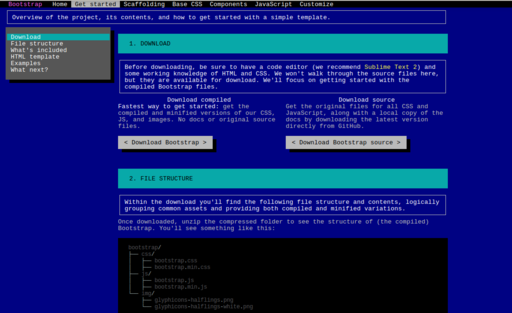 A 1990s theme for bootstrap, with monospace fonts and white text on a dark blue background.