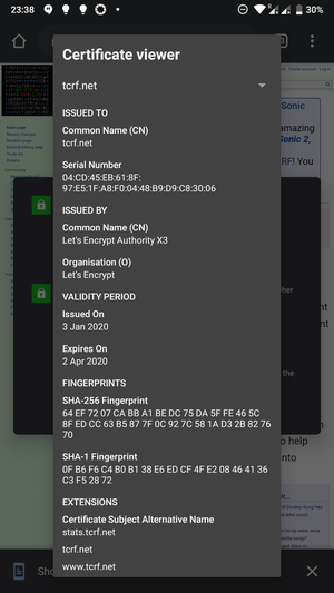 Google Chrome loads tcrf.net without issues and shows an active SSL certificate issued on the 3rd of January 2020 by Let's Encrypt.