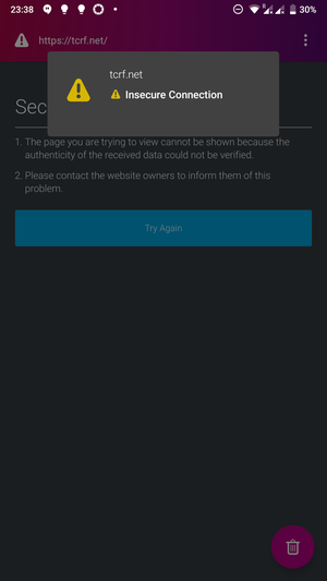 Firefox Focus refuses to load tcrf.net, and says it's an insecure connection, without any further details or ways to exempt it?