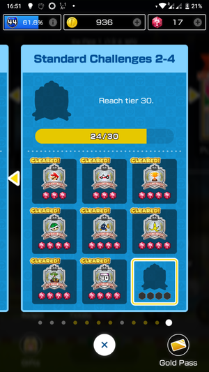 Mario Kart Tour screenshot: Standard Challenges 2–4, last challenge: Reach tier 30 (currently tier 24)