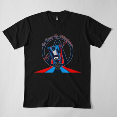 Claptrap dancing on a red, blue & gray light rays bridge with the Borderlands logo behind and saying “Be true to whatever"