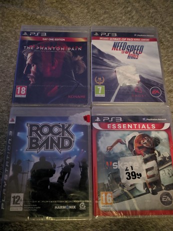 PS3 Games sealed in box:
Metal Gear Solid V: The Phantom Pain (Day One Edition)
Need For Speed Rivals (Includes Ultimate Cop Pack Bonus Content)
Rock Band
Skate 3 (Essentials edition)