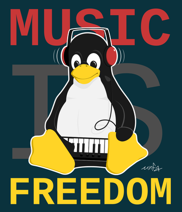 "Music is freedom" written behind a Tux wearing headphones and playing on a synthesizer keyboard.