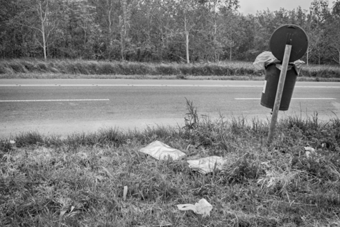 A picture of a roadside trashcan in the Netherlands, with all sorts of trash spilled out of it on the grass around it.