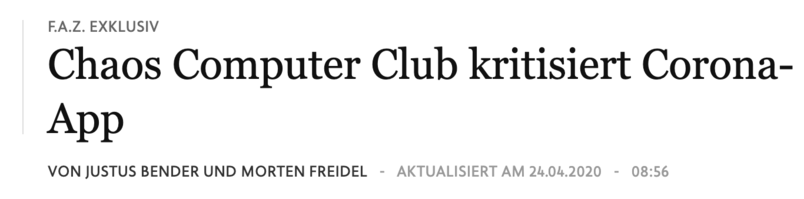 F.A.Z. EXKLUSIV

Chaos Computer Club kritisiert Corona- App

VON JUSTUS BENDER UND MORTEN FREIDEL 