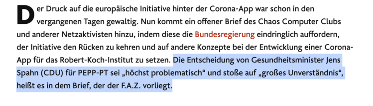 Die Entscheidung von Gesundheitsminister Jens Spahn (CDU) für PEPP-PT sei „höchst problematisch“ und stoße auf „großes Unverständnis“, heißt es in dem Brief, der der F.A.Z. vorliegt.