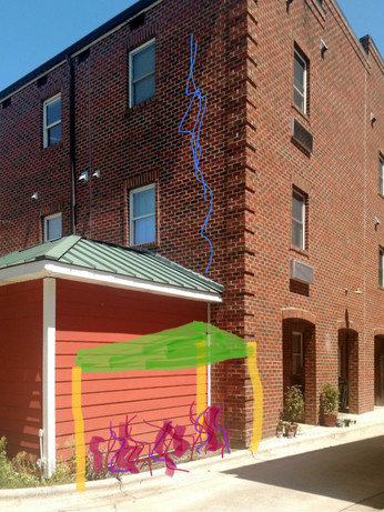 a photo of 2 buildings close together. with doodles depicting the rain falling and a net catching the rain. 