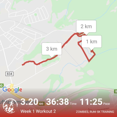 Map with workout results and path.
3.20 km, 36:38 time, 11:25 pace
Week 1, Workout 2