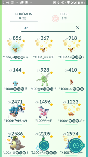 A list of 100% IV Pokémon, with the last 3 being lucky Eevees with CPs of 856, 367 and 918.
