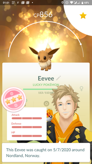 A lucky Eevee with perfect IVs and 856 Combat Power