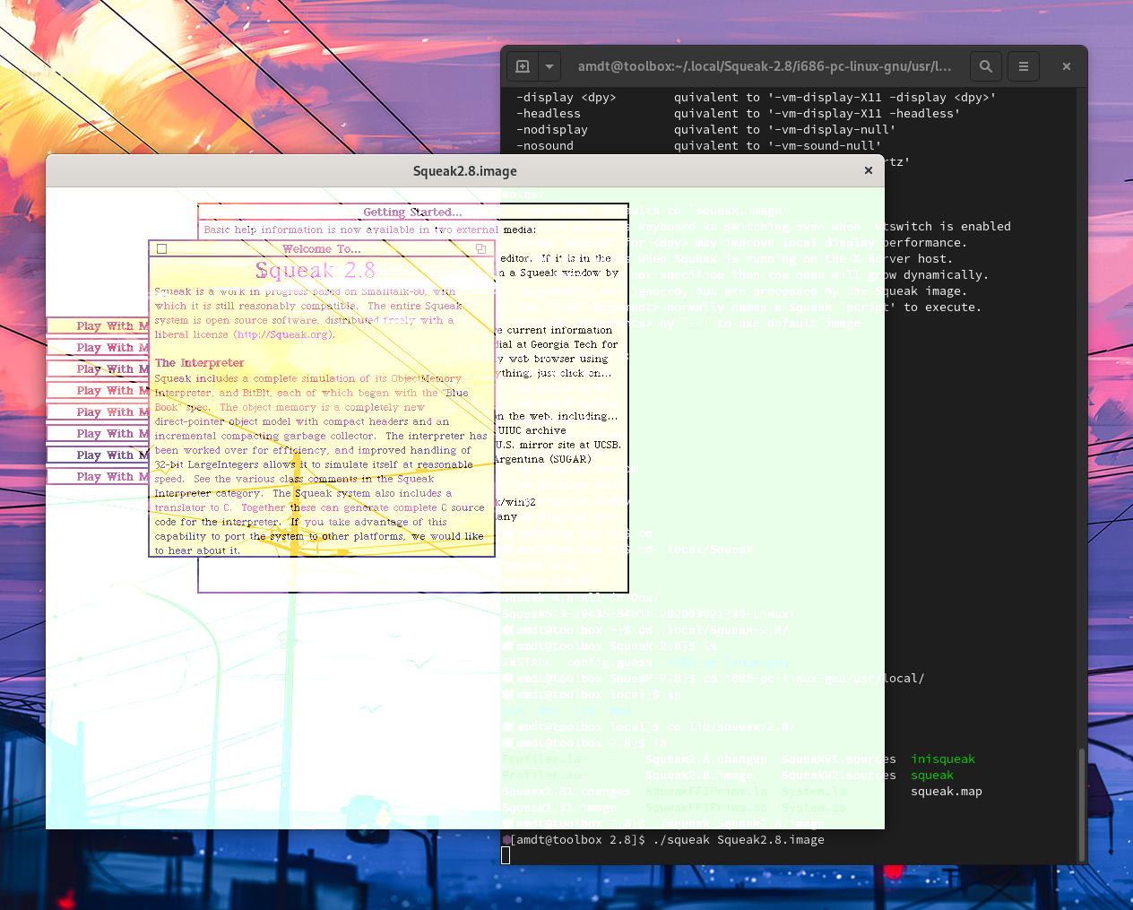 Screenshot of Squeak and a GNOME Terminal. All of the colours in the Squeak window feature transparency, making the contents unreadable. Screenshot of Squeak and a GNOME Terminal. All of the colours in the Squeak window feature transparency, making the contents unreadable.