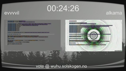 Screenshot of the start of the Shader Showdown between evvvvil on the left and alkama on the right in Bonzomatic for the Solskogen Demoparty livestream.