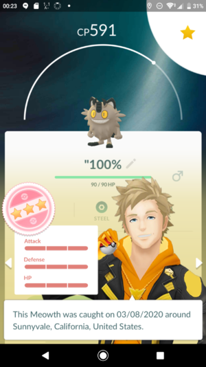 Screenshot of PokémonGO's appraisal screen for a Galarian Meowth with 15 attack, 15 defense and 15 health stats, i.e. Perfect IVs.
Trainer "Spark" says it was caught on 03/08/2020 in Sunnyvale, California, United States (which is the location of the Pokestop/Gym the egg was spun out of).