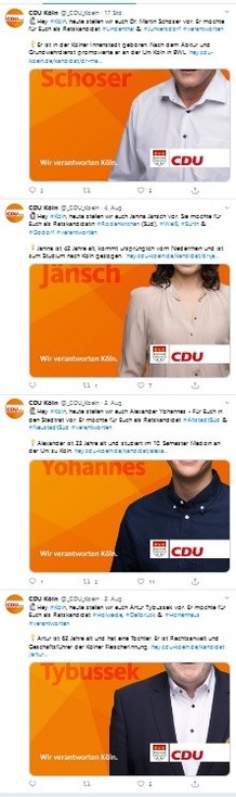 Screenshot Twitter-Timeline CDU Köln. Alle Köpfe der Kanddiat*innen sind in den Tweets abgeschnitten. 