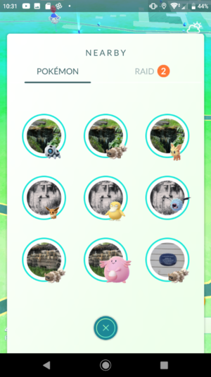 A list of Pokéstop with a Chansey on one.