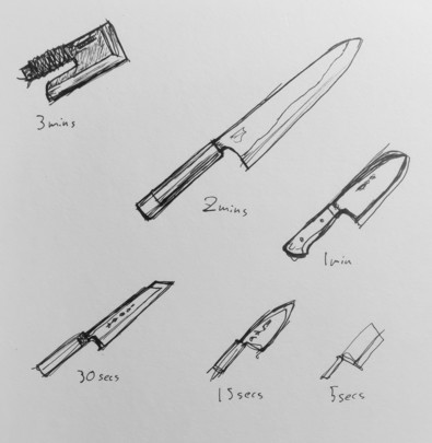 Quick ink sketches of japanese kitchen knives