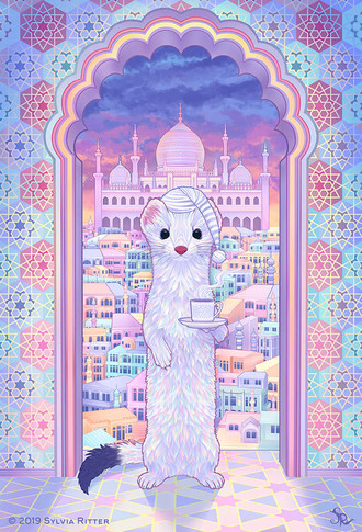 Eoan Ermine drinking coffee surrounded by oriental patterns and architecture. Wearing a nightcap. The early morning turned everything in shimmering pastel colors. Inspired by Ubuntu release 19.10.