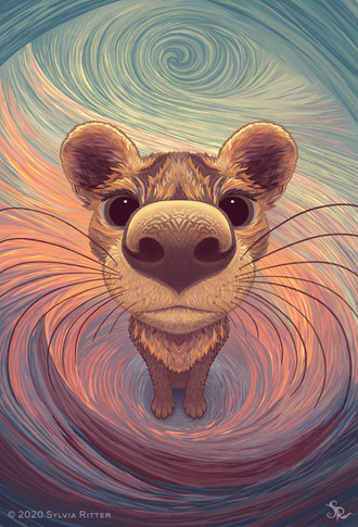 A cute young Fossa looking into the camera. The focus lies on its head and eyes. Invites you to boop its nose. Surrounded by pastel swirls. Inspired b Ubuntu release 20.04 LTS. 