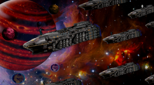 A flotilla of Empyrean Arks take parking orbit over a remote series of moons