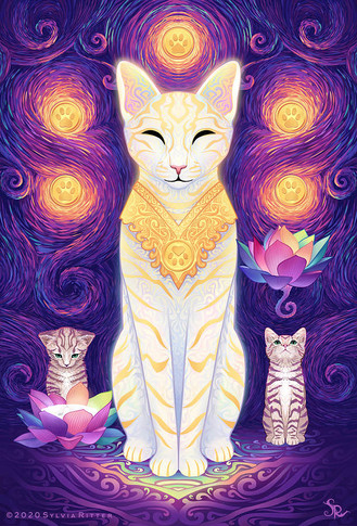Six of Coins. Meaning: Charity, Support, Giving, Receiving, Generosity. In the center, we can see a happy white cat goddess decorated with intricate golden patterns and a golden necklace containing one of the six coins. There are two rainbow-colored lotus flowers (on the left open, on the right still closed) on each side. On the left, a small kitten is looking in the lotus flower which is filled with milk. It can see itself mirrored in it. On the right, we can see another kitten looking up to the roots of the flower. In the background, we can see the other five coins shining like stars. They are surrounded by brush strokes which could symbolize the passing of time.