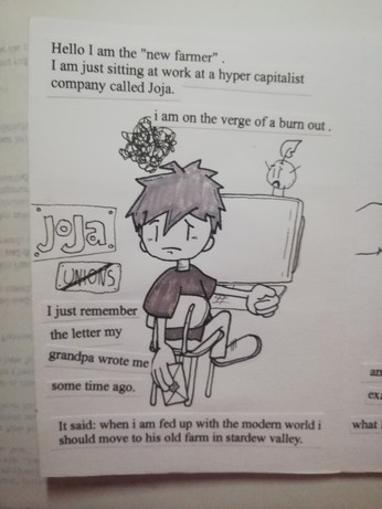 A person, we call the "new farmer" is sitting in front of an computer desktop holding an envelope in hand. The person pretty depressed and a little round forest spirit called junimo standing on the desktop. 