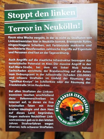 Flyer des 3. Weges gegen "Linken Terror in Neukölln"