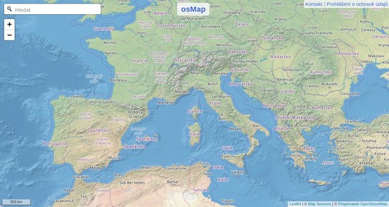 Captura de pantalla de la interfaz web de #osMap mostrando el #mapa en checo.